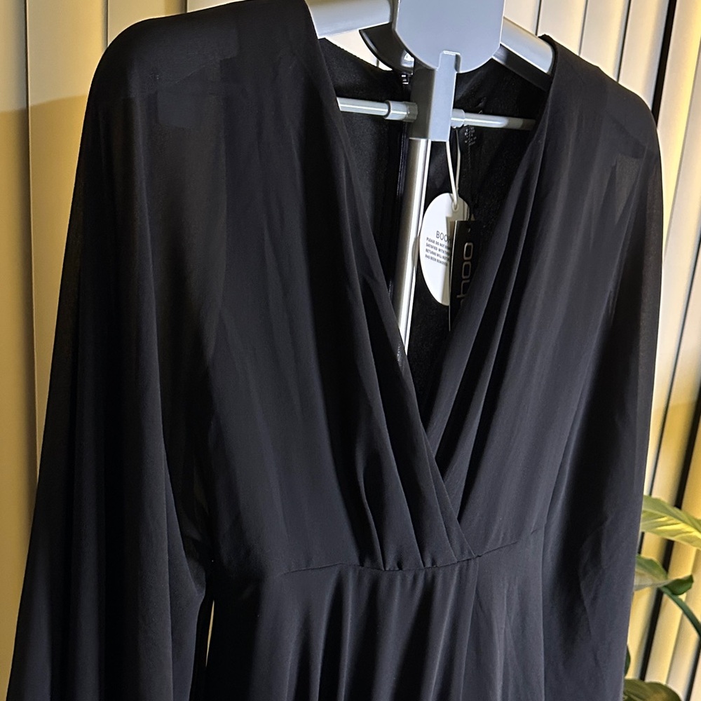 NEW Boohoo Chiffon Black Wrap Cape Sleeve Maxi Dress - Picture 7 of 14